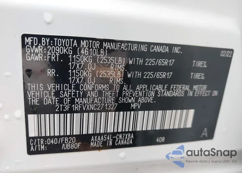 2022 Toyota Rav4 Le z USA, uszkodzony, nr VIN 2T3F1RFVXNC271327